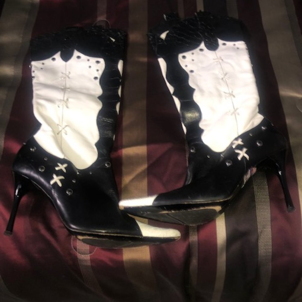 SEXY BLACK & WHITE MAURI AUTHENTIC ALLIGATOR BOOTS 3INCH HEELS SIZE 7